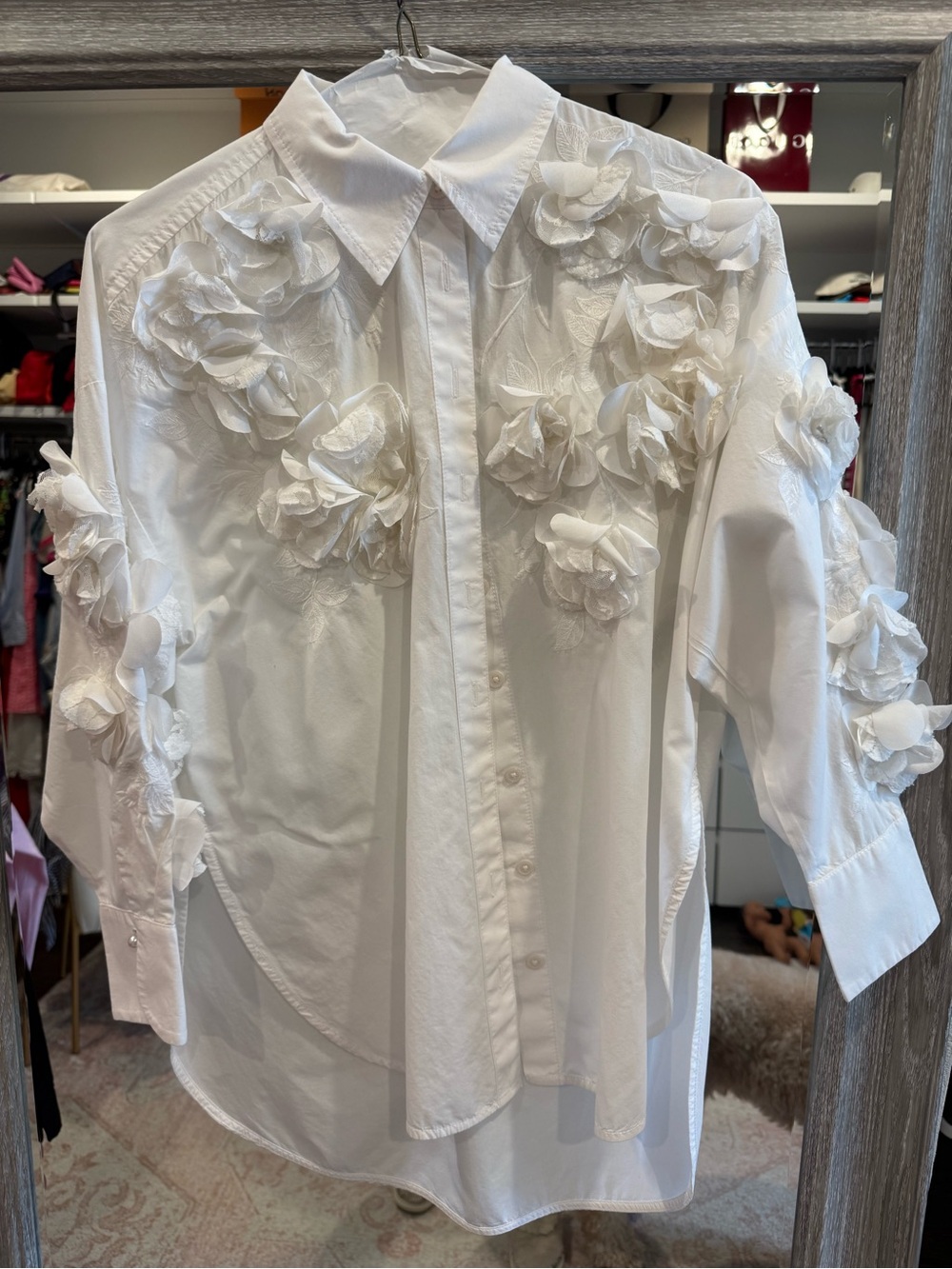 Anthropologie White 3D Floral Appliqué Button-Down Shirt